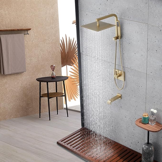 Shower Faucet Set with Tub Spout and 12" Gold Shower Head with Handheld | 12-inch rainhead, 3-function diverter, 304 stainless tub spout, brass pressure balancing shower valve, brushed gold finish