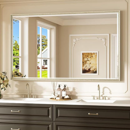 Keonjinn 60" x 36" Large Brushed Nickel Bathroom Mirror, Aluminum Alloy | HD Tempered Glass Beveled Edge, Shatterproof, Silver Rectangle Vanity Wall Mirror for Over Sink, Living Room, Dining Room
