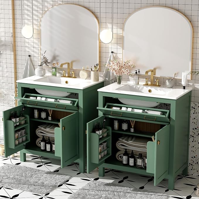 60" Double Bathroom Vanity,Free Standing Double Basin Vanity Set w/ 2 Ceramic Sinks,Adjustable Shelf & Soft Close Doors,Solid Wood Frame Storage Cabinet w/Flip Drawer,for Bathroom,Green