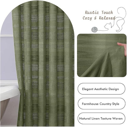 Sage Green Shower Curtain 78 Inch Long, Boho Thick Linen Textured Shower Curtain with Tassel, Farmhouse Minimalist Striped Weighted Machine Washable Bathroom Decor, 72Wx78L Inches