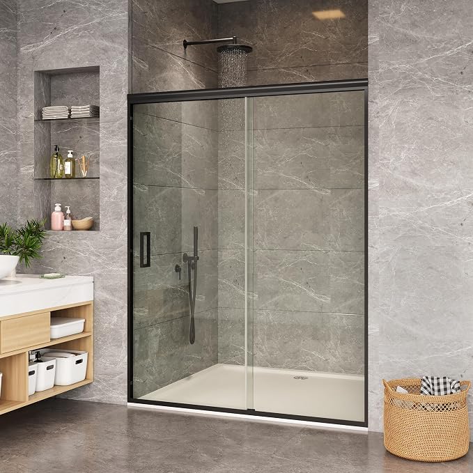 Framed Bypass Shower Door 44-48 inch W×72 inch H, Aluminum Structure with Dual Sliding Panels, 6mm Coated Tempered Glass, Matte Black Finish, Space-Saving Easy-Glide Bathroom Door