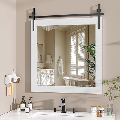Hasipu Farmhouse Bathroom Mirror, 31"x31" Rustic Wood Framed Wall Mounted Mirror, White Vintage Vanity Mirror Barn Door Style Decrative Mirrors