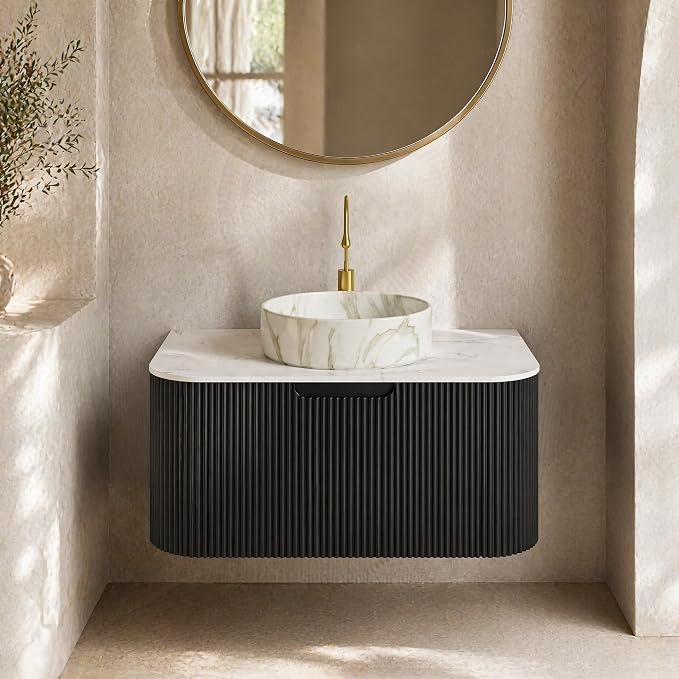 30 Inch Bathroom Vanity with Sink, Floating Wall Mounted Single Sink Vanity, Black Curved Fluted Front, Stone Top, Marble-Look Round Vessel Basin, Pre-Assembled