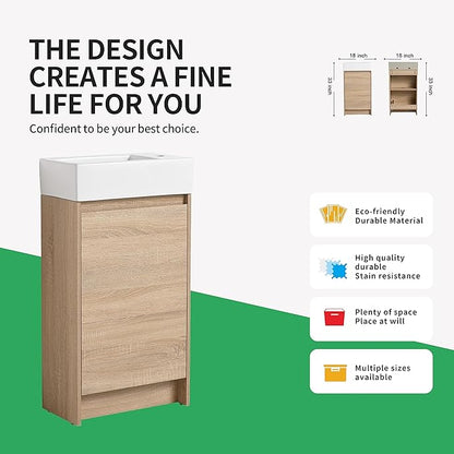 18" Freestanding Bathroom Vanity with Sink, 18 Inch Small Space Storage Cabinet, 1-Door Modern Design with Soft-Close Door & Waterproof Plywood for Apartments, Powder Rooms