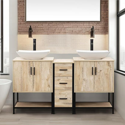 UEV Rustic Oak 60" Double Bathroom Vanity with Sink Combo,Industrial Iron Frame 2 Main Bathroom Vanity with Middle 3 Drawers Cabinet,Modern Artistic Ceramic Vessel Sink(032WH)