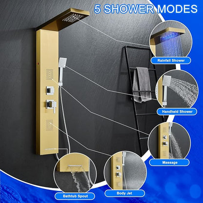 5-in-1 LED Shower Panel Tower System Stainless Steel Gold | Rainfall head | 2 massage jets | Handheld shower | Tub spout | LED lights | Wall mount
