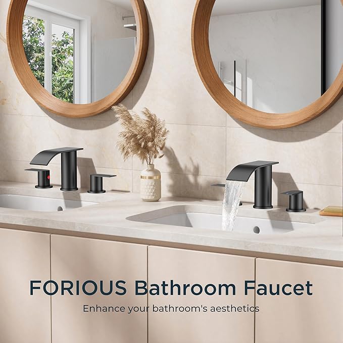FORIOUS Upgrade Matte Black Bathroom Faucets 3 Hole, Waterfall 8 Inch Widespread Bathroom Sink Faucet with Pop-up Drain and Supply Lines, Two Handles for Vanity, Farmhouse, School Sink