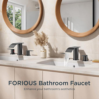 FORIOUS Upgrade Matte Black Bathroom Faucets 3 Hole, Waterfall 8 Inch Widespread Bathroom Sink Faucet with Pop-up Drain and Supply Lines, Two Handles for Vanity, Farmhouse, School Sink