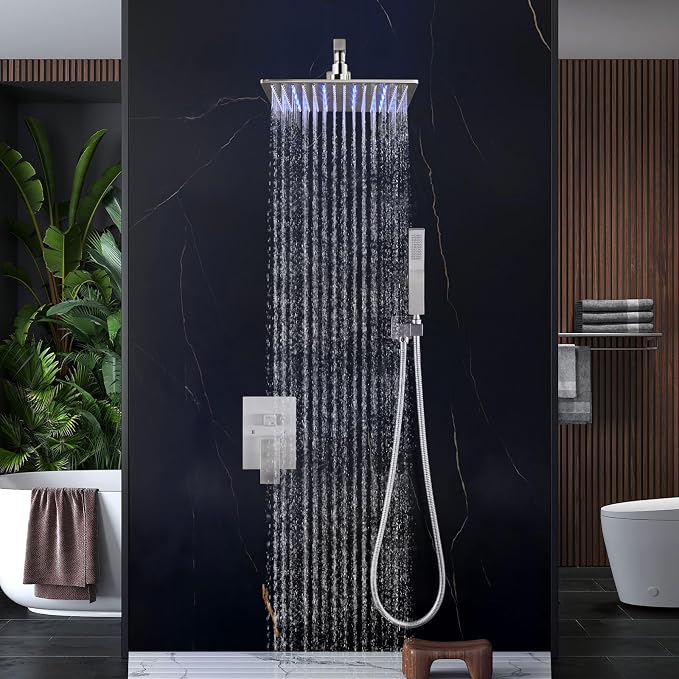 Aolemi Shower Faucet Set with Valve Handheld 16" LED Head Brushed Nickel | Handheld Spray,16 Inch Rain LED Head,Valve and Trim Kit,All Metal,Wall Mount Shower System,Bathroom Mixer