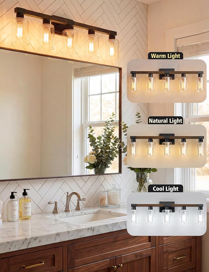 VOLISUN Farmhouse Bathroom Vanity Light Fixtures, 5 Light,UL Certificated | 5 Light Bathroom Vanity Lights Over Mirror, Rustic Vanity Light for Bathrooms,Wood Bathrooms Lights Fixtures Over Mirror