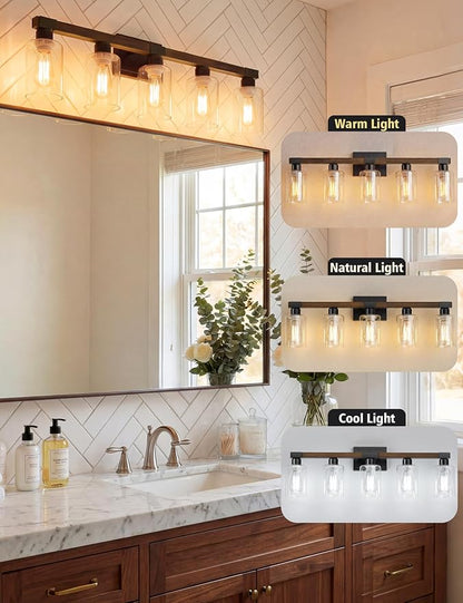 VOLISUN Farmhouse Bathroom Vanity Light Fixtures, 5 Light,UL Certificated | 5 Light Bathroom Vanity Lights Over Mirror, Rustic Vanity Light for Bathrooms,Wood Bathrooms Lights Fixtures Over Mirror
