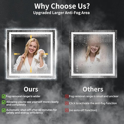 30"x32" LED Bathroom Mirror with Lights, Anti-Fog, Backlit+Frontlit | CRI 95, Stepless Dimmable, 3 Colors Lighting, Shatterproof Tempered Glass, HD Reflection, Memory, (Horizontal/Vertical)