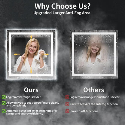 30"x30" LED Bathroom Mirror with Lights, Backlit+Frontlit, Anti-Fog | CRI 95, Stepless Dimmable, 3 Colors Lighting, Shatterproof Tempered Glass, HD Reflection, Memory, (Horizontal/Vertical)