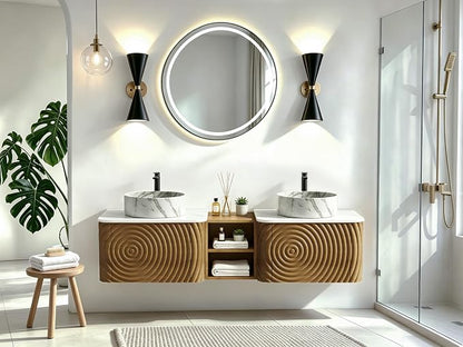 60" Floating Bathroom Vanity with Double Sink, Mid-Century Wall Mounted Bathroom Vanity Cabinet with Wood Waved Decor, Marble Ceramic Basin, Sintered Stone Top, Soft Close Drawer, Side Open Cube