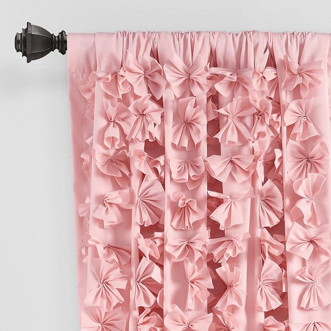 Lush Decor Riley Light Filtering Window Curtain Panel, Single 54" W x 84" L, Pink - Cute Pink Curtains for Bedroom - Bow Decor - Coquette Curtains for Windows