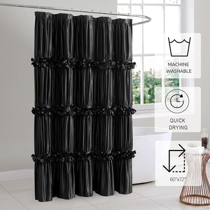 Black Ruffle Shower Curtain 60" W x 72" L Stall Size | Vintage Handcrafted Bow Tie, Ruched Satin Bathroom Curtain with 10 Buttonholes, Machine Washable and Dry Quickly (LQ-10)