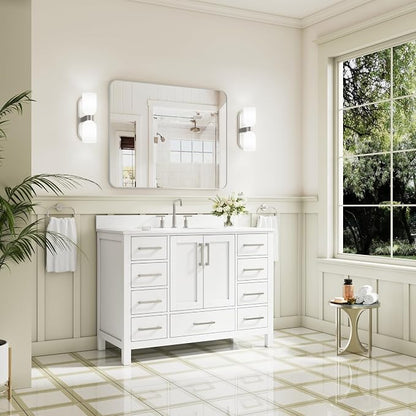 48-Inch Bathroom Vanity with Sink, 2 Soft-Close Doors and 9 Soft-Close Drawers, Bathroom Freestanding Vanity with Cultured Marble Countertop, White Vanity with Brushed Nickel Handles