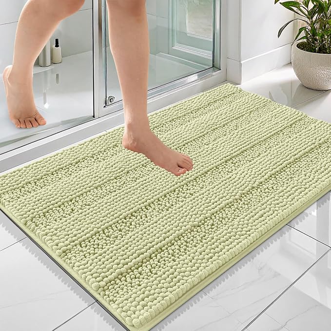 OLANLY Thick Bathroom Rugs 36x24, Soft Chenille Striped Bath Rugs, Vanilla | Rubber Backing, Machine Wash, Extra Absorbent Bath Mats for Bathroom Floor, Tub and Shower, Home Decor Accessories