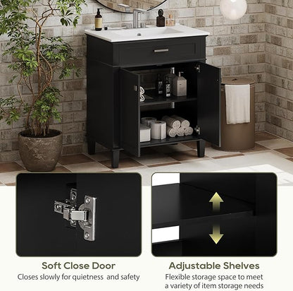 Favfurish 30" Bathroom Vanity with Ceramic Sink,Undermount Single Basin Bath Vanity Set w/2 Soft-Close Doors and Adjustable Shelf,Modern Freestanding Storage Cabinet,Solid Wood Frame,Black