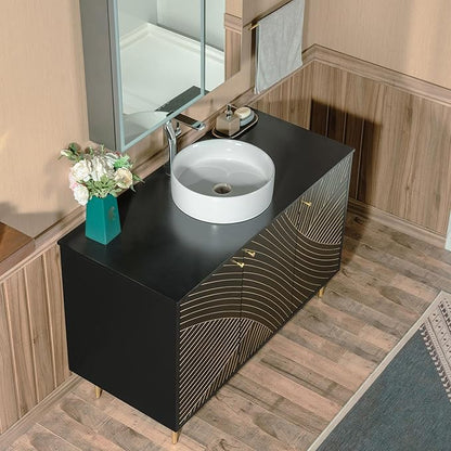 Woodbridge 48" Modern Bathroom Vanity with Round Ceramic Vessel Sinks & Black Engineered Stone Top, Matte Black Lacquer Finish and Gold Accents, Slim Frame Design, and Sleek Space-Saving Profile