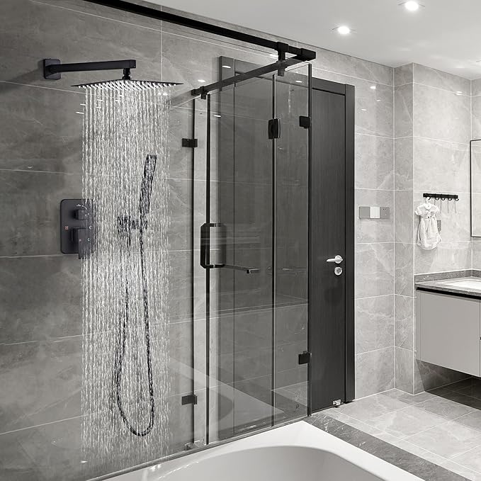 Shower Faucet Set, Matte Black Rainfall Shower System Complete Wall Mounted for Bathroom with 10 Inch Square Shower Head and Handheld Shower Head Rain Mixer Combo Set