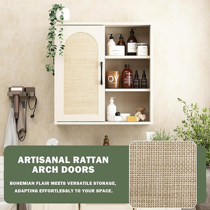 RUSTOWN Boho Rattan Wall Cabinet, Midcentury Bathroom Cabinet with Sliding Door, Adjustable Shelves, Over The Toilet Storage Cabinet (Vintage White)