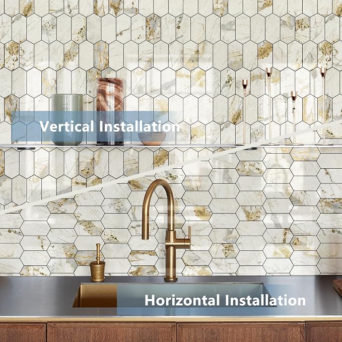 Vamos Tile Long Hexagon Peel and Stick Backsplash Tile - 10 Sheets Stick on Backsplash for Kitchen and Bathroom 12.4 x 12 Inch Glossy Pandora Marble with Gold Veining PVC Self Adhesive Wall Tiles