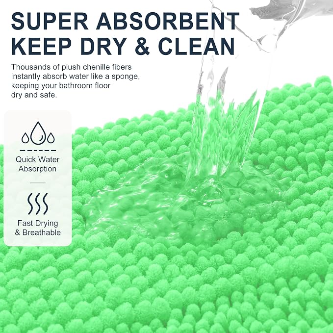 Smiry Thick Chenille Bathroom Rugs 36x24, Absorbent Bath Mat, Mint Green | Quick‑Dry & Machine Washable, Non‑Slip Bath Carpet, Soft Striped Bath Rugs for Tub & Shower, Modern Home Decor Accessories