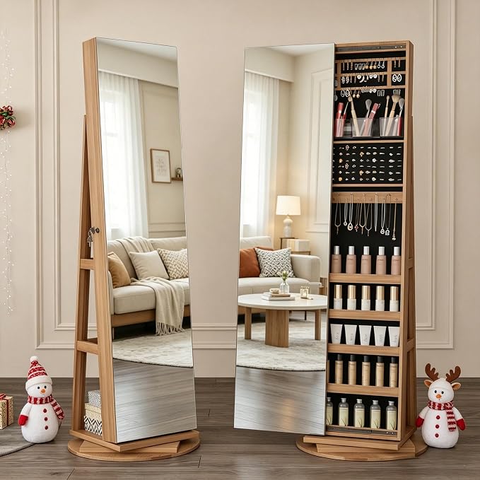 LVSOMT Standing Jewelry Cabinet with Sliding Full Length Mirror, Wood | 360° Swivel Mirror with Jewelry Storage, Lockable Jewelry Armoire Organizer with 3 Rear Shelves for Bedroom, Gift for Women