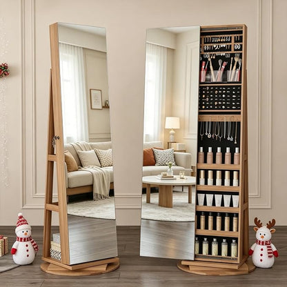 LVSOMT Standing Jewelry Cabinet with Sliding Full Length Mirror, Wood | 360° Swivel Mirror with Jewelry Storage, Lockable Jewelry Armoire Organizer with 3 Rear Shelves for Bedroom, Gift for Women