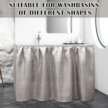 Fabric Sink Skirt Diamond Bathroom Stitch Self Stick Adhesive Waterproof Fabric Under Sink Curtain Skirt 55 x 32 Inch Adds Bathroom Storage(Silver Gray,Classic Style)