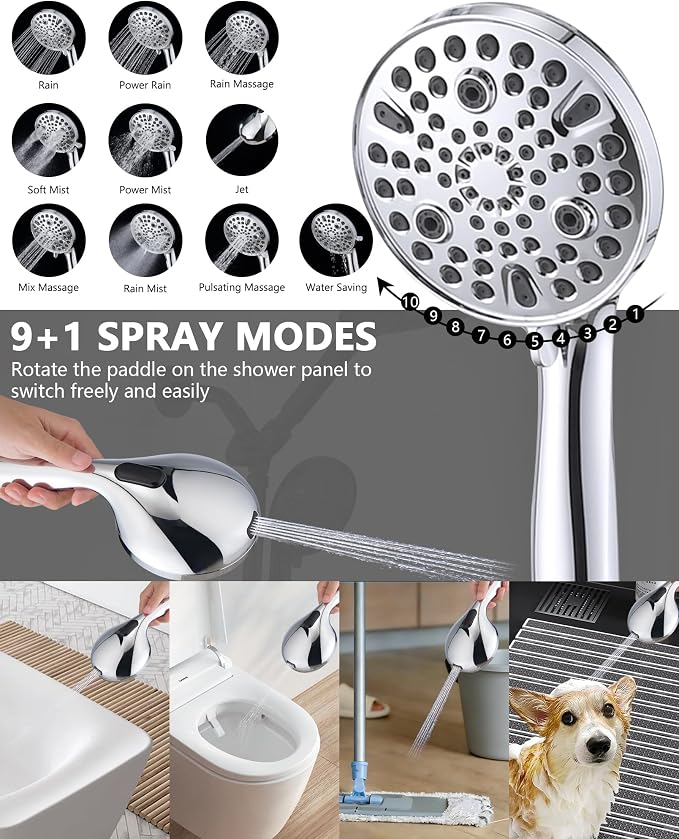 PDPBath High Pressure Rainfall Shower Head with Handheld Combo, Height Adjustable Dual Handheld Shower Head Combo with Slide Bar for Easy Reach, Chrome