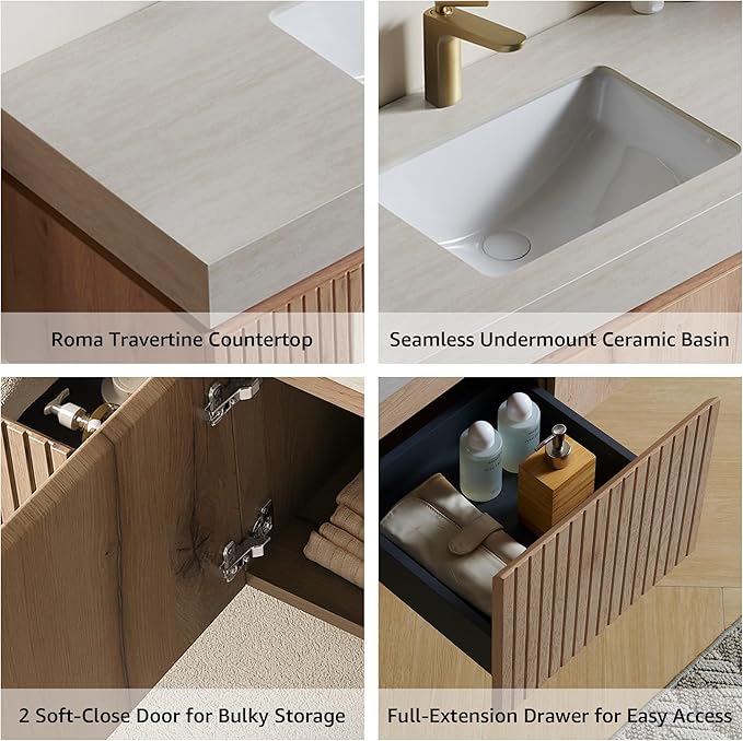48” Floating Bathroom Vanity with Sink, Wall-Mounted Cabinet with Drawer & Doors, Roma Travertine-Pattern Countertop, Undermount Basin, Single Faucet Hole, Soft-Close, Pre-Assembled, Light Oak
