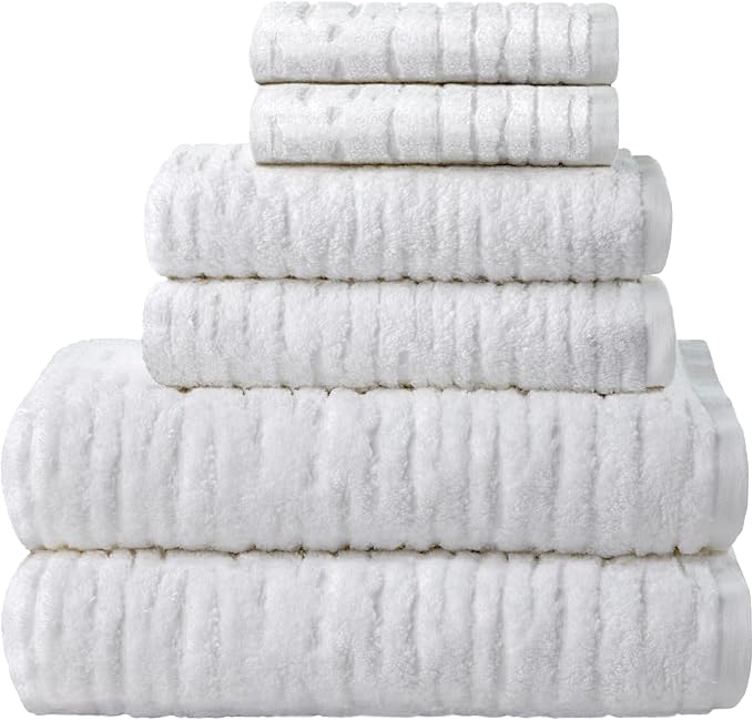 SKL Home CloudSoft Bath Towel Set, 6-Piece, 100% Cotton Luxury, White | 2 Bath towels, 2 hand towels, 2 washcloths. Premium spa-level quality. 600/520 GSM weight. Ultra plush & absorbent.