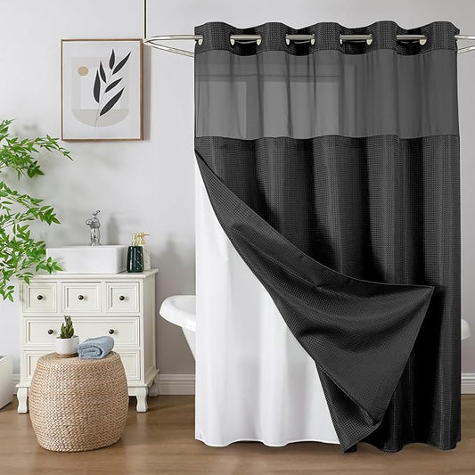 Colorful Star Black No Hook Waffle Shower Curtain with Liner, 72 x 75 Inch | Heavy Duty Thick Shower Curtain Sets with Snap in Fabric Liner and Mesh Top Window, Hotel Style Waterproof Bathroom Curtain