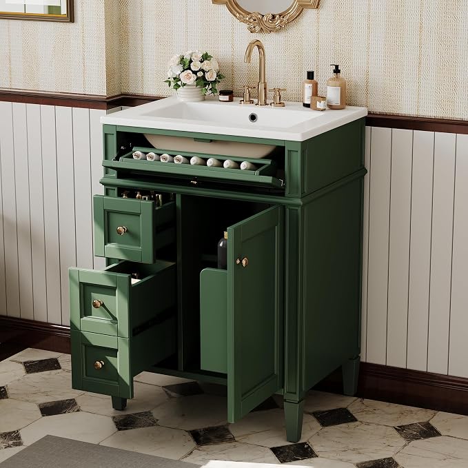 Merax 24 Inch Bathroom Vanity with Ceramic Sink, Solid Wood Frame Modern Bathroom Sink Storage Cabinet with 2 Drawers and a Tip-Out Drawer, Single Sink Bathroom Vanities, Green