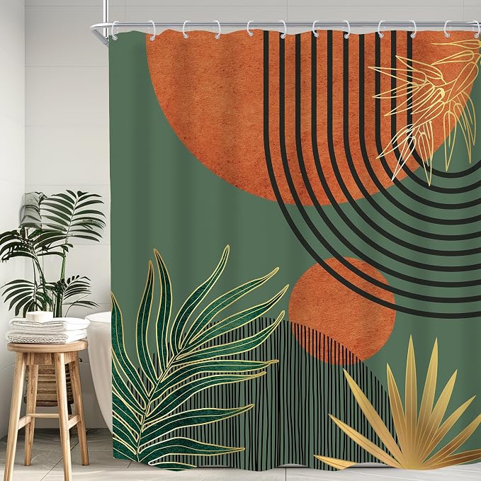 Mid Century Green Orange Boho Abstract Modern Bathroom Shower Curtain Set | 60Wx72L Sun Arch design, waterproof HD print with fast-drying fabric and 12 hooks.