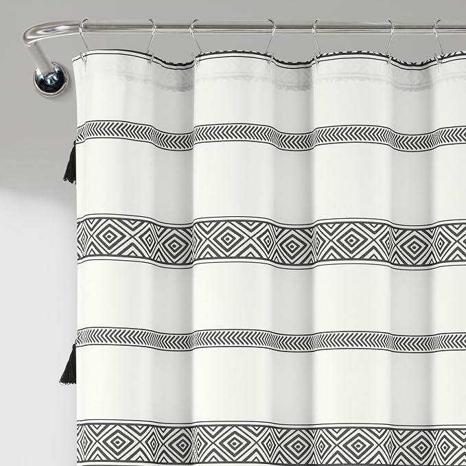 Lush Decor Ava Boho Stripe Tassel Cotton Blend Shower Curtain Single 72" W x 72" L Black & White - Striped Shower Curtains for Bathroom Curtain