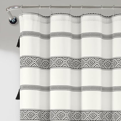 Lush Decor Ava Boho Stripe Tassel Cotton Blend Shower Curtain Single 72" W x 72" L Black & White - Striped Shower Curtains for Bathroom Curtain