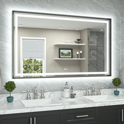 60 x 36 Bathroom LED Mirror Brushed Gunmetal Gray/Off‑Black Frame Frontlit & Backlit Vanity Mirror Anti-Fog Stepless Dimmable 3 Colors White/Warm/Natural Wall-Mounted