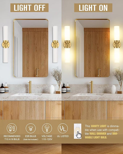 Emak 2 Pack Brushed Gold Bathroom Light Fixtures, 2 Light Bathroom Vanity Light with Milk Glass Shade, 22 Inch Modern Wall Sconce for Bath, Mirror, VL085-BGD-ML-2-PK