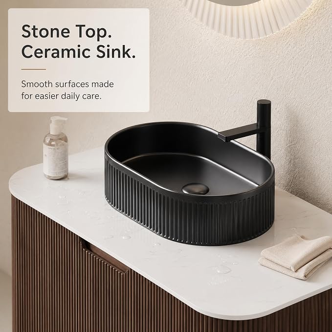 36 Inch Bathroom Vanity with Sink, Floating Wall Mounted Single Sink Vanity, Dark Walnut Curved Fluted Front, Stone Top, Black Textured Oval Vessel Basin, Pre-Assembled