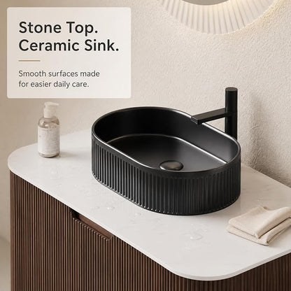 36 Inch Bathroom Vanity with Sink, Floating Wall Mounted Single Sink Vanity, Dark Walnut Curved Fluted Front, Stone Top, Black Textured Oval Vessel Basin, Pre-Assembled
