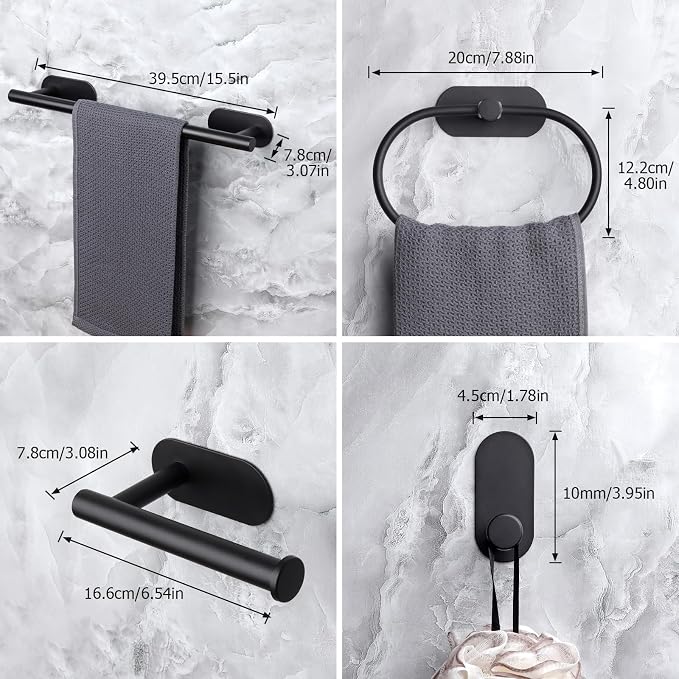JiGiU Self Adhesive Towel Bar, Wall Mount No Drill Bathroom Hardware Set | With 16" Bath Towel Bar,Toilet Paper Holder Towel Ring & 3-Pack Towel Hooks Stainless Steel Sticky on Towel Holder Kit-Black