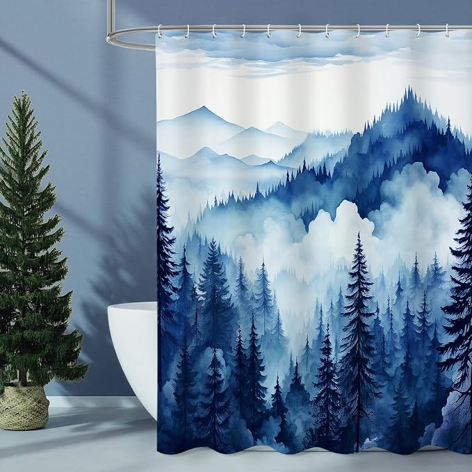 Litabel Navy Blue Misty Pine Forest Shower Curtain, Mountain Foggy Woodland Scenery Tree Shower Curtains for Chic Rustic Bathroom, Abstract Modern Waterproof Nature-Themed Decor, 72x72 Inches