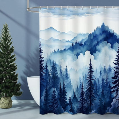 Litabel Navy Blue Long Misty Pine Forest Shower Curtain 72 x 78, Mountain Foggy Woodland Scenery Tree 78 Inch Long Shower Curtains for Bathroom, Abstract Waterproof Nature-Themed Decor