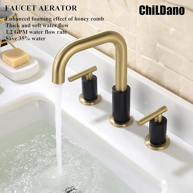 ChiLDano 8 inch Widespread Bathroom Faucet with Drain and Supply Hose | Black and Gold Bathroom Faucet for Sink 3 Hole , 2 Handle Bathroom Sink Faucet CH3166BGB