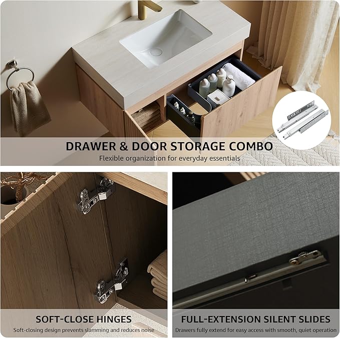 36” Floating Bathroom Vanity with Sink, Wall-Mounted Cabinet with Drawer & Doors, Roma Travertine-Pattern Countertop, Undermount Basin, Single Faucet Hole, Soft-Close, Pre-Assembled, Light Oak