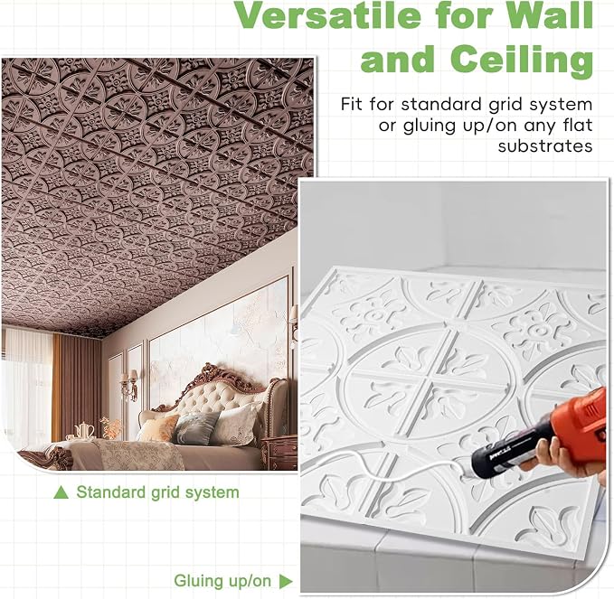 Art3d Drop Ceiling Tiles 2x2, Glue-up Ceiling Panel, Fancy Classic Style, Antique Copper | PVC, Lightweight, Waterproof, Easy to Wipe Clean, Compatible with Grid System, Suitable for Kitchen, Bathroom, Basement