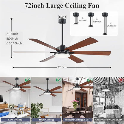 72 inch Ceiling Fans with Lights and Remote Control,Indoor/Outdoor Flush Mount Low Profile Commercial Reversible Dimmable Wood Grain Ceiling Fans for Living Room Patio Industrial Shop.
